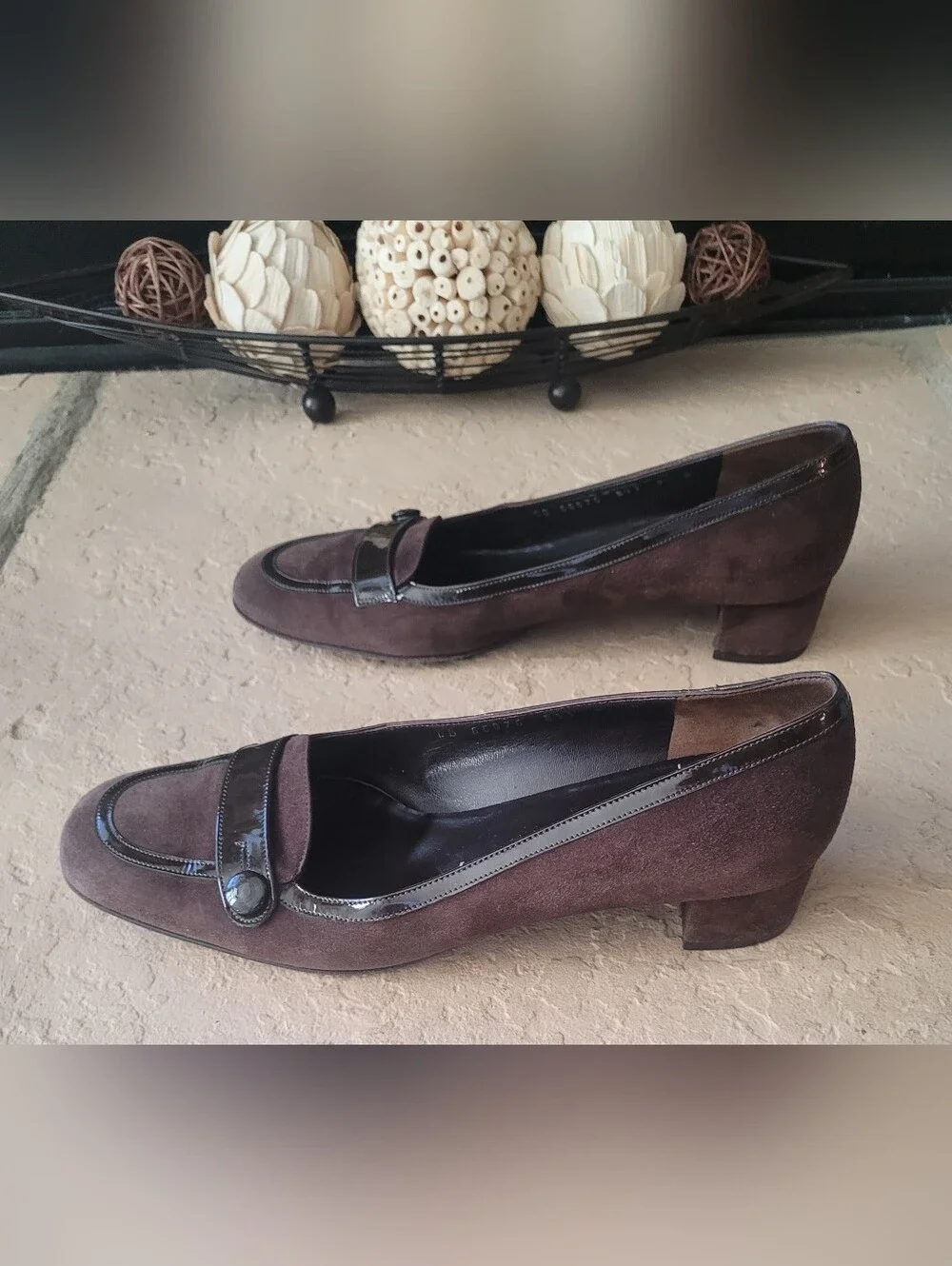 Size 8 B Salvatore Ferragamo Dark Brown Suede Patent Leather Block Heel Pumps